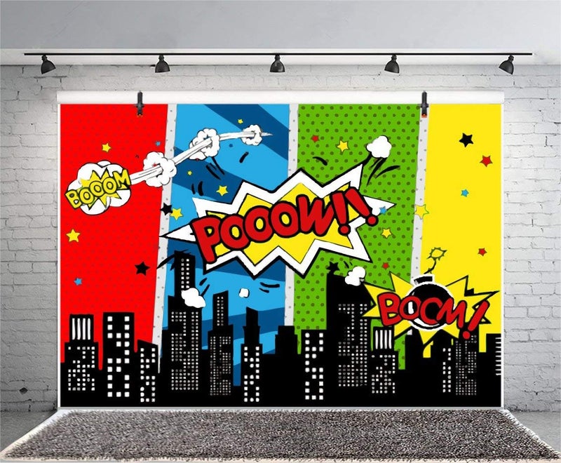 Yeele 7x5ft Cartoon Comic City Super Hero Photography Backdrop Vinyl Humor Abstract Superhero Baby Shower Photo Background For Girl Kid Birthday Party Photo Video Shoot Studio Prop Wallpaper - Image 1